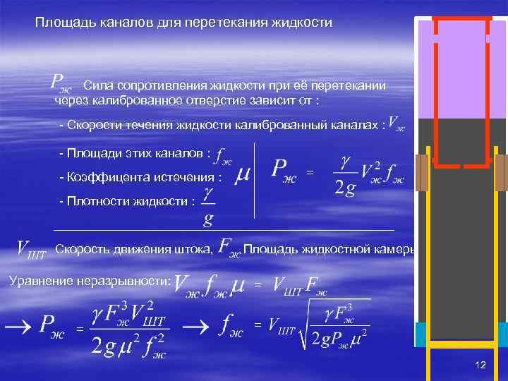 Площадь каналов для перетекания жидкости Сила сопротивления жидкости при её перетекании через калиброванное отверстие