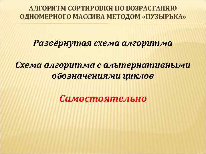 АЛГОРИТМ СОРТИРОВКИ ПО ВОЗРАСТАНИЮ ОДНОМЕРНОГО МАССИВА МЕТОДОМ «ПУЗЫРЬКА» Развёрнутая схема алгоритма Схема алгоритма с