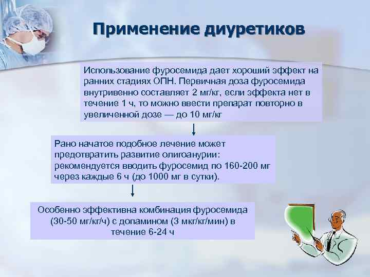 Применение диуретиков Использование фуросемида дает хороший эффект на ранних стадиях ОПН. Первичная доза фуросемида