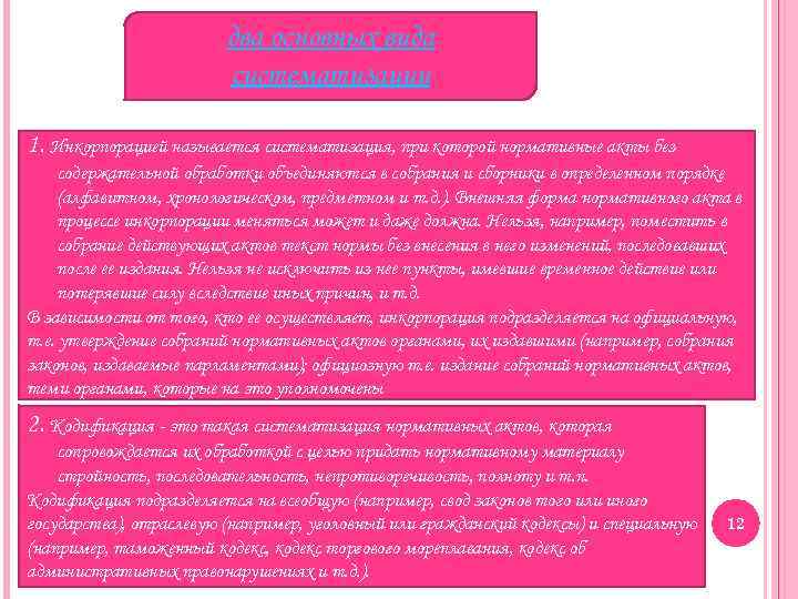 два основных вида систематизации 1. Инкорпорацией называется систематизация, при которой нормативные акты без содержательной