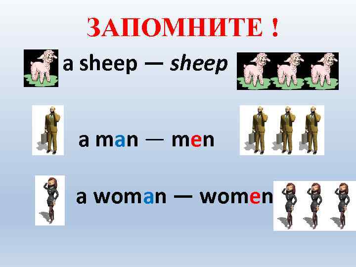 ЗАПОМНИТЕ ! a sheep — sheep a man — men a woman — women
