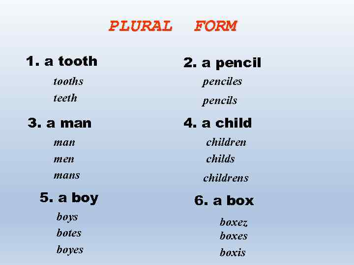 PLURAL 1. a tooths teeth З. a man FORM 2. a penciles pencils 4.