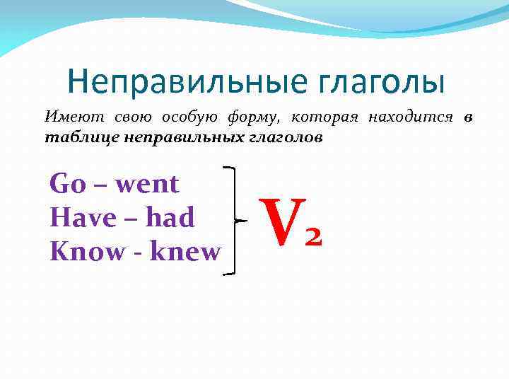 Неправильные глаголы Имеют свою особую форму, которая находится в таблице неправильных глаголов Go –
