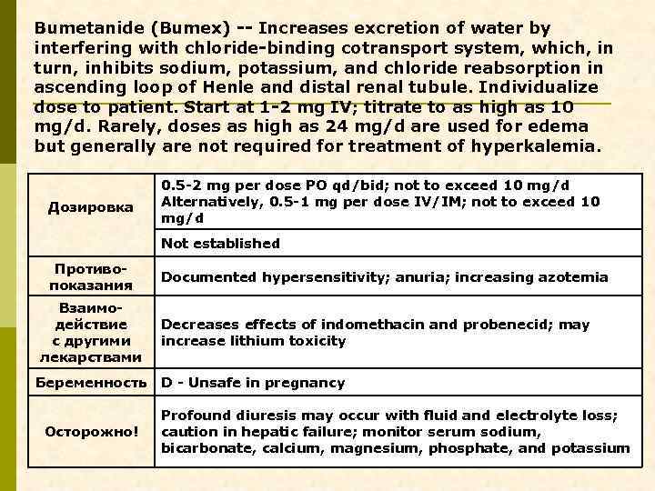 Bumetanide (Bumex) -- Increases excretion of water by interfering with chloride-binding cotransport system, which,