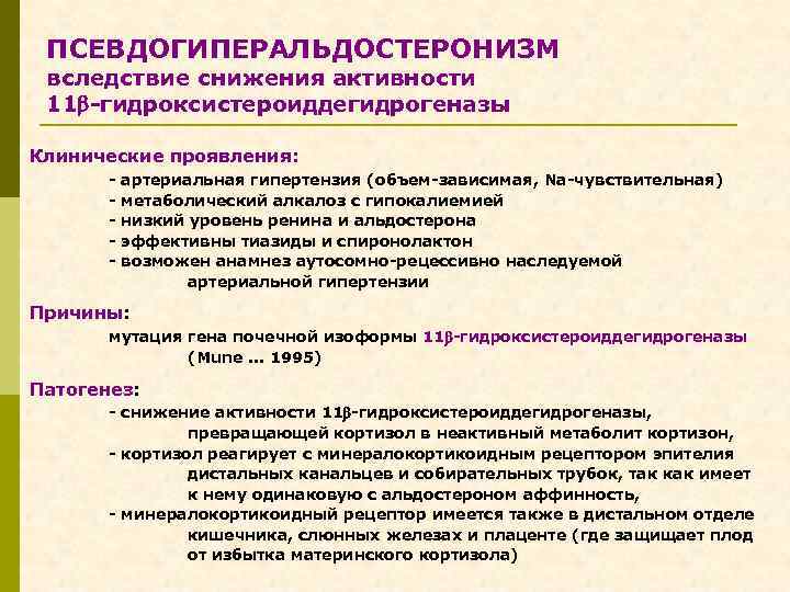 ПСЕВДОГИПЕРАЛЬДОСТЕРОНИЗМ вследствие снижения активности 11 -гидроксистероиддегидрогеназы Клинические проявления: - артериальная гипертензия (объем-зависимая, Na-чувствительная) метаболический