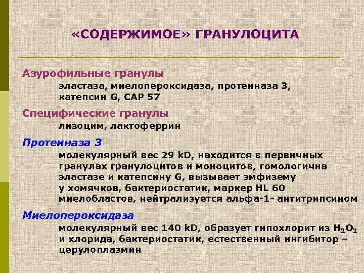  «СОДЕРЖИМОЕ» ГРАНУЛОЦИТА Азурофильные гранулы эластаза, миелопероксидаза, протеиназа 3, катепсин G, САР 57 Специфические