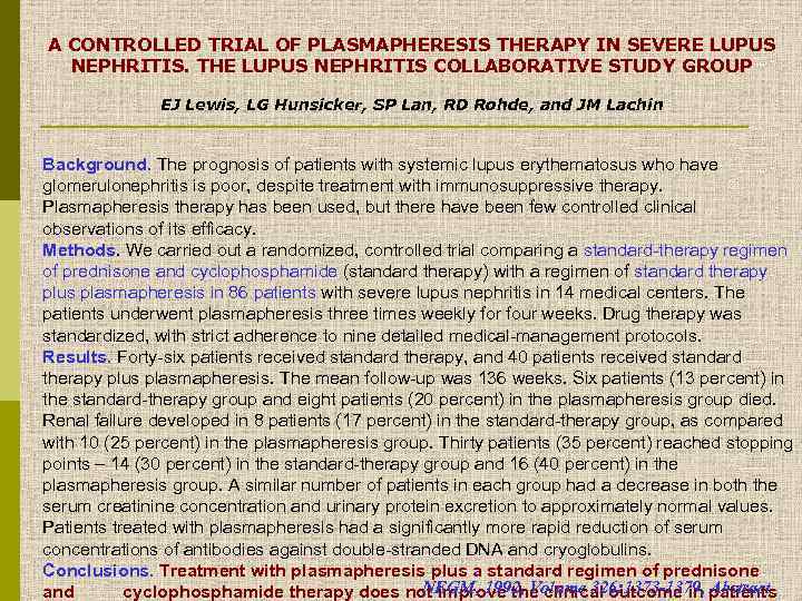 A CONTROLLED TRIAL OF PLASMAPHERESIS THERAPY IN SEVERE LUPUS NEPHRITIS. THE LUPUS NEPHRITIS COLLABORATIVE