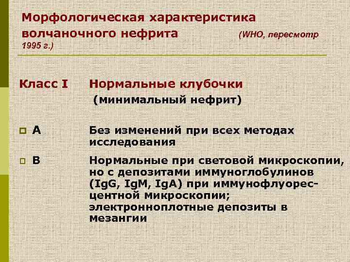 Морфологическая характеристика волчаночного нефрита (WHO, пересмотр 1995 г. ) Класc I Нормальные клубочки (минимальный