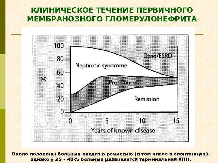 КЛИНИЧЕСКОЕ ТЕЧЕНИЕ ПЕРВИЧНОГО МЕМБРАНОЗНОГО ГЛОМЕРУЛОНЕФРИТА Около половины больных входит в ремиссию (в том числе