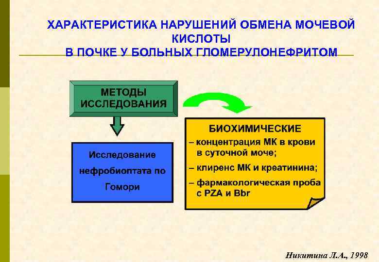ХАРАКТЕРИСТИКА НАРУШЕНИЙ ОБМЕНА МОЧЕВОЙ КИСЛОТЫ В ПОЧКЕ У БОЛЬНЫХ ГЛОМЕРУЛОНЕФРИТОМ Никитина Л. А. ,