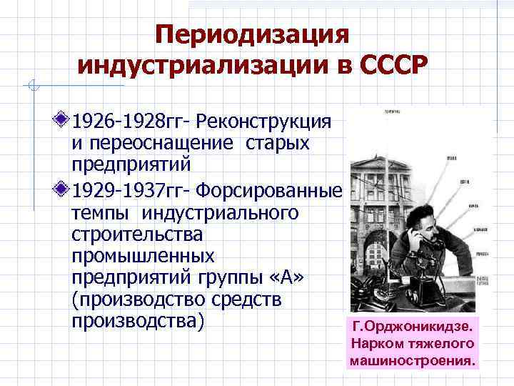 Периодизация индустриализации в СССР 1926 -1928 гг- Реконструкция и переоснащение старых предприятий 1929 -1937