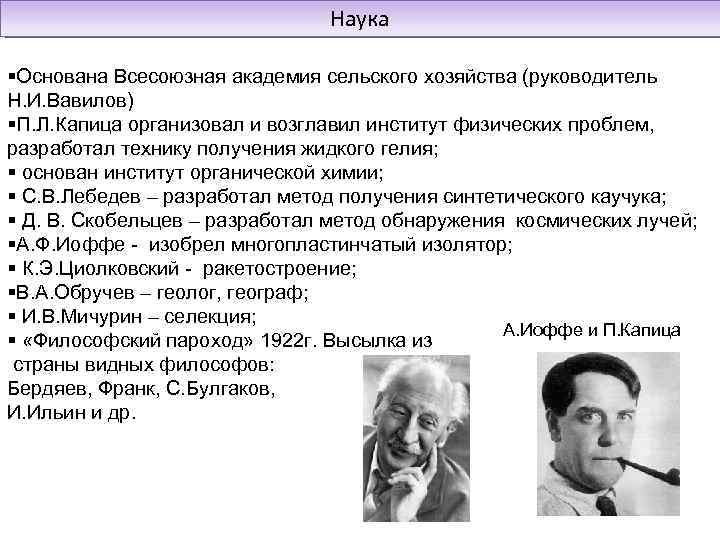 Наука Основана Всесоюзная академия сельского хозяйства (руководитель Н. И. Вавилов) П. Л. Капица организовал