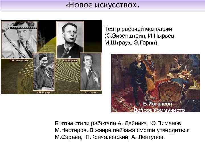  «Новое искусство» . Театр рабочей молодежи (С. Эйзенштейн, И. Пырьев, М. Штраух, Э.