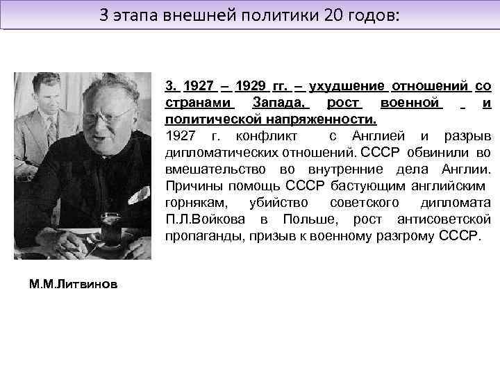 3 этапа внешней политики 20 годов: 3. 1927 – 1929 гг. – ухудшение отношений