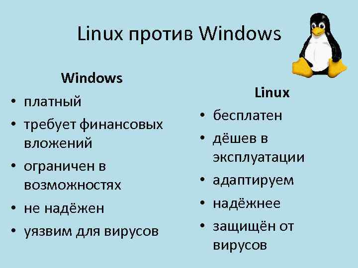 Linux против Windows • • • Windows платный требует финансовых вложений ограничен в возможностях