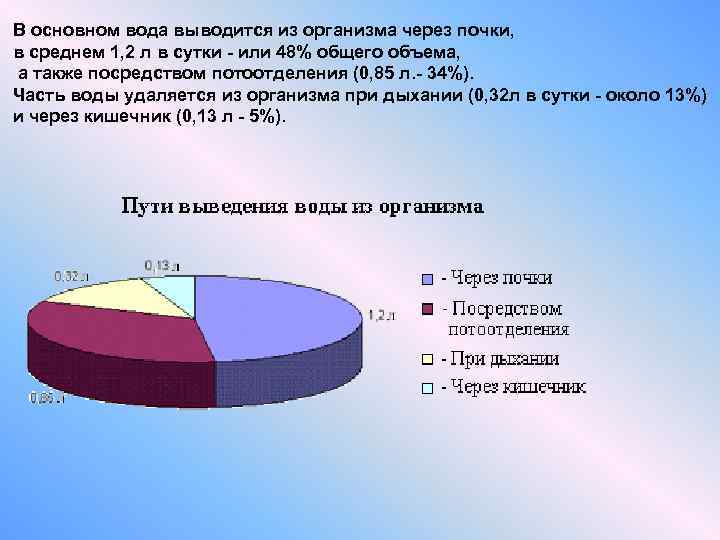 В основном вода выводится из организма через почки, в среднем 1, 2 л в