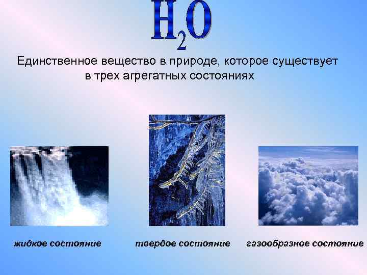 Единственное вещество в природе, которое существует в трех агрегатных состояниях жидкое состояние твердое состояние