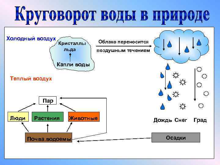 Холодный воздух Кристаллы льда Облако переносится воздушным течением Капли воды Теплый воздух Пар Люди