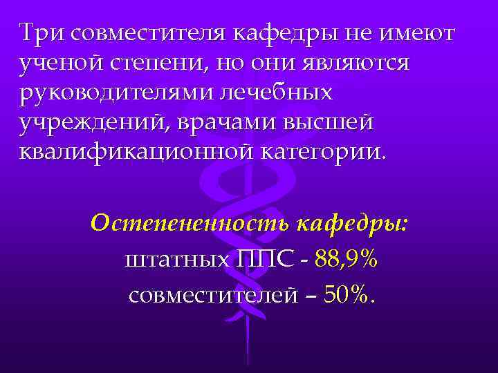 Три совместителя кафедры не имеют ученой степени, но они являются руководителями лечебных учреждений, врачами