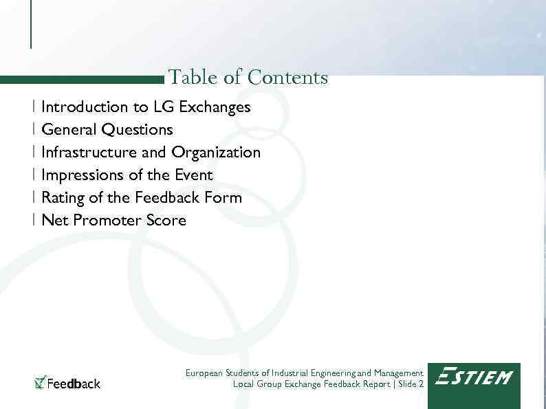 Table of Contents I Introduction to LG Exchanges I General Questions I Infrastructure and