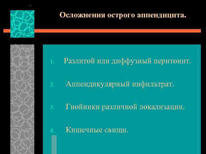 Осложнения острого аппендицита. 1. Разлитой или диффузный перитонит. 2. Аппендикулярный инфильтрат. 3. Гнойники различной