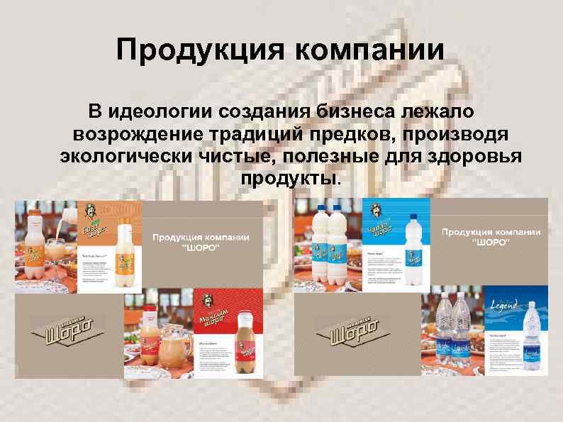 Продукция компании В идеологии создания бизнеса лежало возрождение традиций предков, производя экологически чистые, полезные