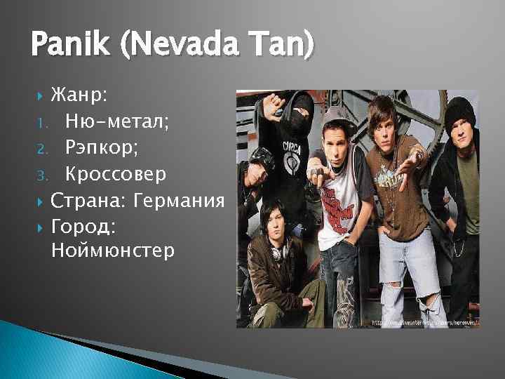 Panik (Nevada Tan) Жанр: 1. Ню-метал; 2. Рэпкор; 3. Кроссовер Страна: Германия Город: Ноймюнстер