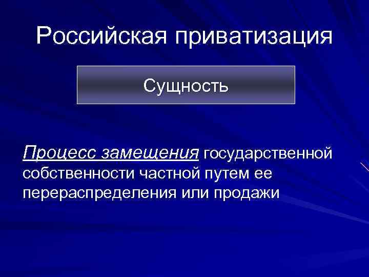 Российская приватизация Сущность Процесс замещения государственной собственности частной путем ее перераспределения или продажи 