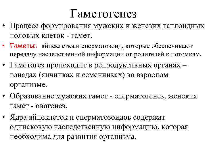 Гаметогенез • Процесс формирования мужских и женских гаплоидных половых клеток - гамет. • Гаметы: