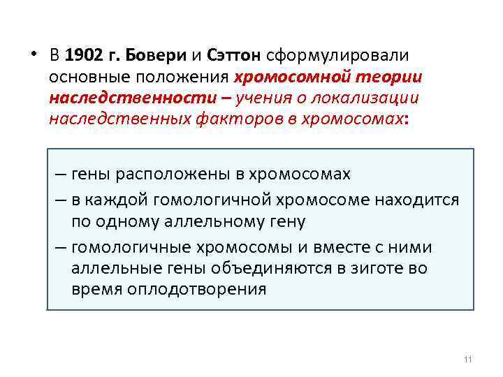  • В 1902 г. Бовери и Сэттон сформулировали основные положения хромосомной теории наследственности