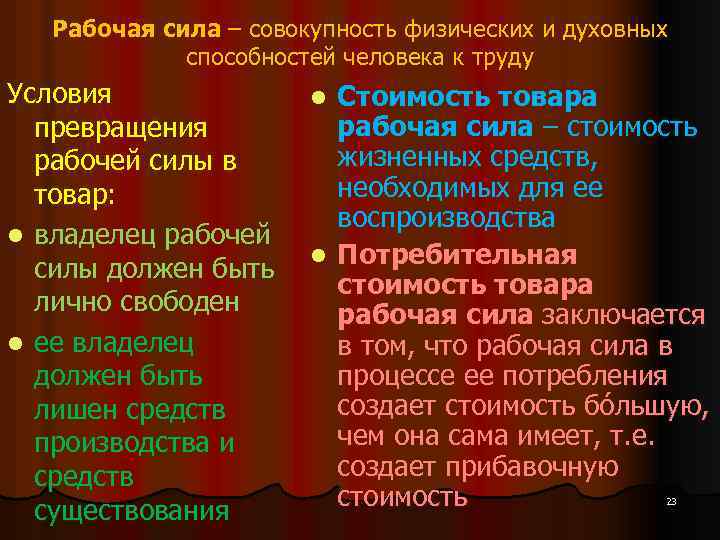 Рабочая сила – совокупность физических и духовных способностей человека к труду Условия превращения рабочей