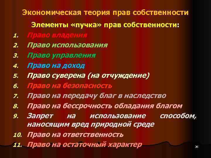 Экономическая теория прав собственности Элементы «пучка» прав собственности: Право владения 2. Право использования 3.