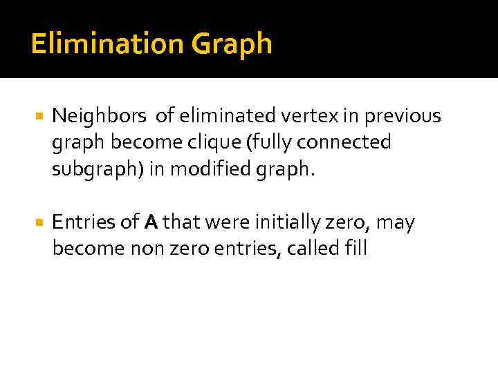 Elimination Graph Neighbors of eliminated vertex in previous graph become clique (fully connected subgraph)