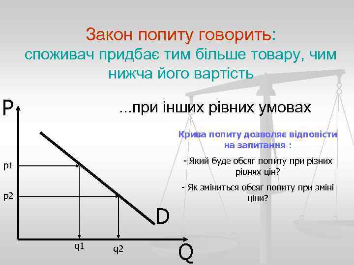 Закон попиту говорить: споживач придбає тим більше товару, чим нижча його вартість P .