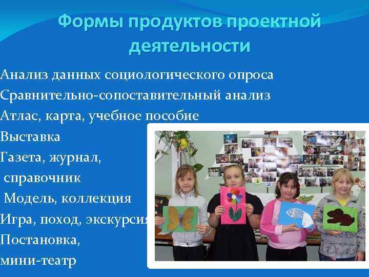 Формы продуктов проектной деятельности Анализ данных социологического опроса Сравнительно-сопоставительный анализ Атлас, карта, учебное пособие