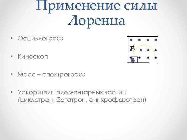 Применение силы Лоренца • Осциллограф • Кинескоп B • Масс – спектрограф • Ускорители