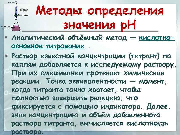 Методы определения значения p. H § Аналитический объёмный метод — кислотноосновное титрование. § Раствор