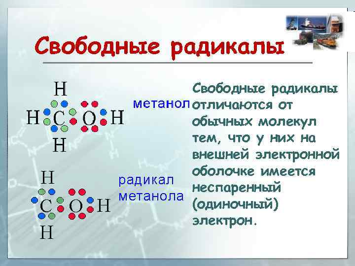Свободные радикалы отличаются от обычных молекул тем, что у них на внешней электронной оболочке