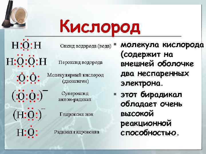 Кислород § молекула кислорода (содержит на внешней оболочке два неспаренных электрона. § этот бирадикал