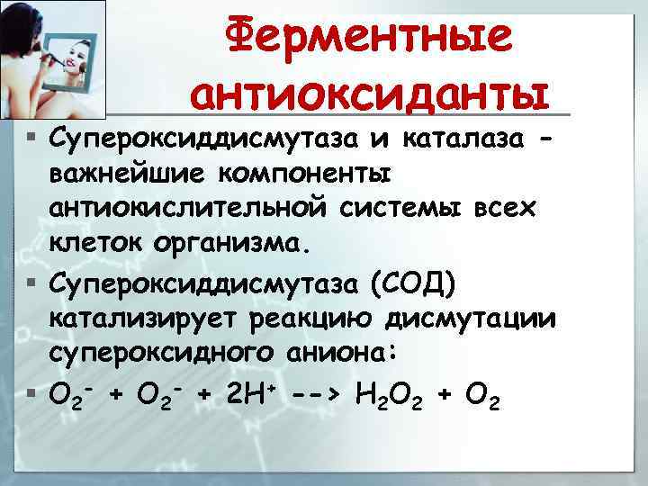 Ферментные антиоксиданты § Супероксиддисмутаза и каталаза важнейшие компоненты антиокислительной системы всех клеток организма. §