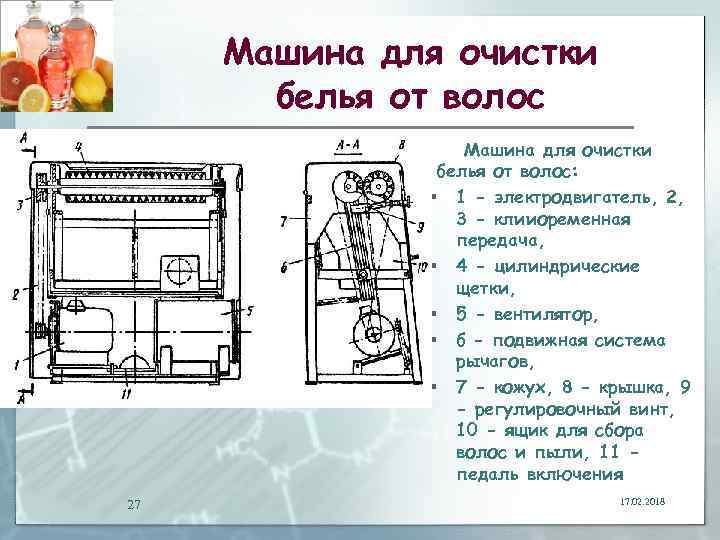 Машина для очистки белья от волос: § 1 - электродвигатель, 2, 3 - клииоременная