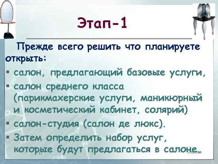 Этап-1 Прежде всего решить что планируете открыть: § салон, предлагающий базовые услуги, § салон