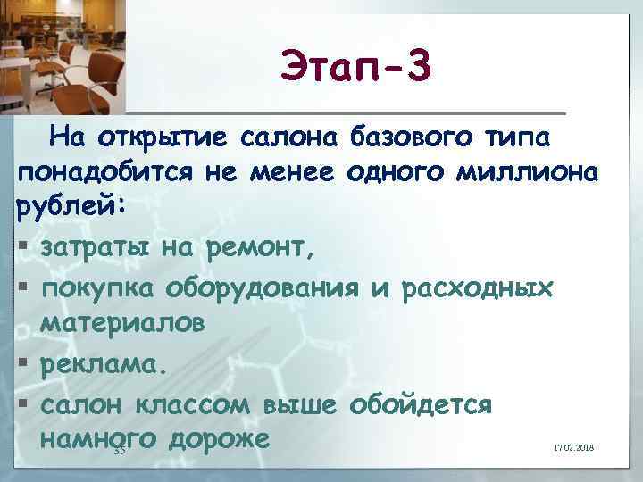 Этап-3 На открытие салона базового типа понадобится не менее одного миллиона рублей: § затраты