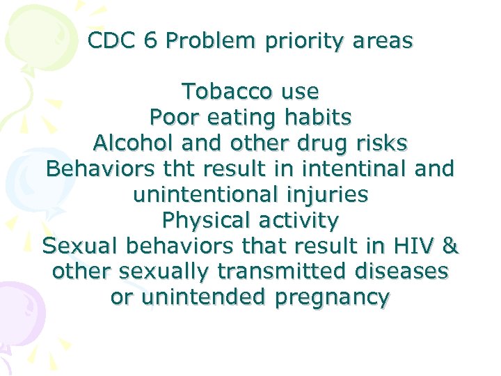 CDC 6 Problem priority areas Tobacco use Poor eating habits Alcohol and other drug
