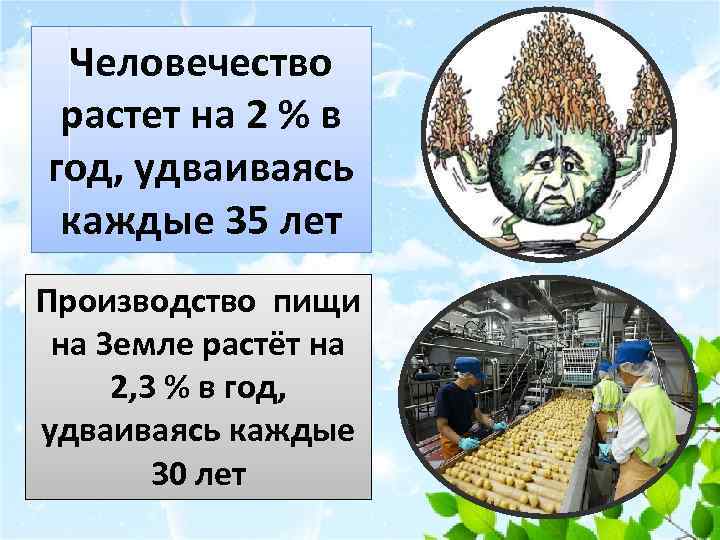 Человечество растет на 2 % в год, удваиваясь каждые 35 лет Производство пищи на