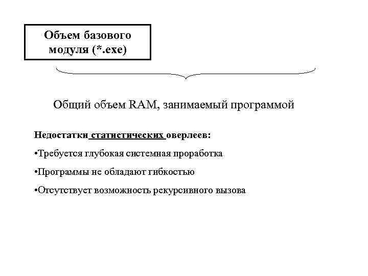 Объем базового модуля (*. exe) Общий объем RAM, занимаемый программой Недостатки статистических оверлеев: •