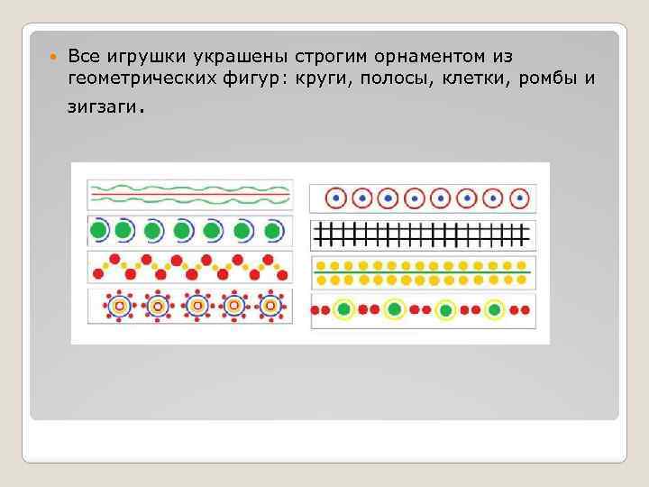  Все игрушки украшены строгим орнаментом из геометрических фигур: круги, полосы, клетки, ромбы и