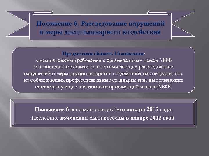 Положение 6. Расследование нарушений и меры дисциплинарного воздействия Предметная область Положения: в нем изложены