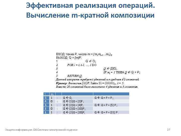 Эффективная реализация операций. Вычисление m кратной композиции ВХОД: точка Р, число m = (mt