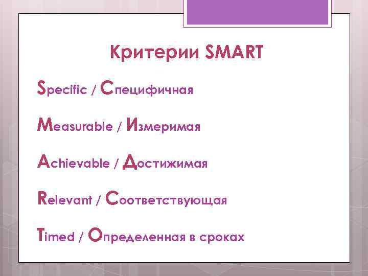 Критерии SMART Specific / Специфичная Measurable / Измеримая Achievable / Достижимая Relevant / Соответствующая